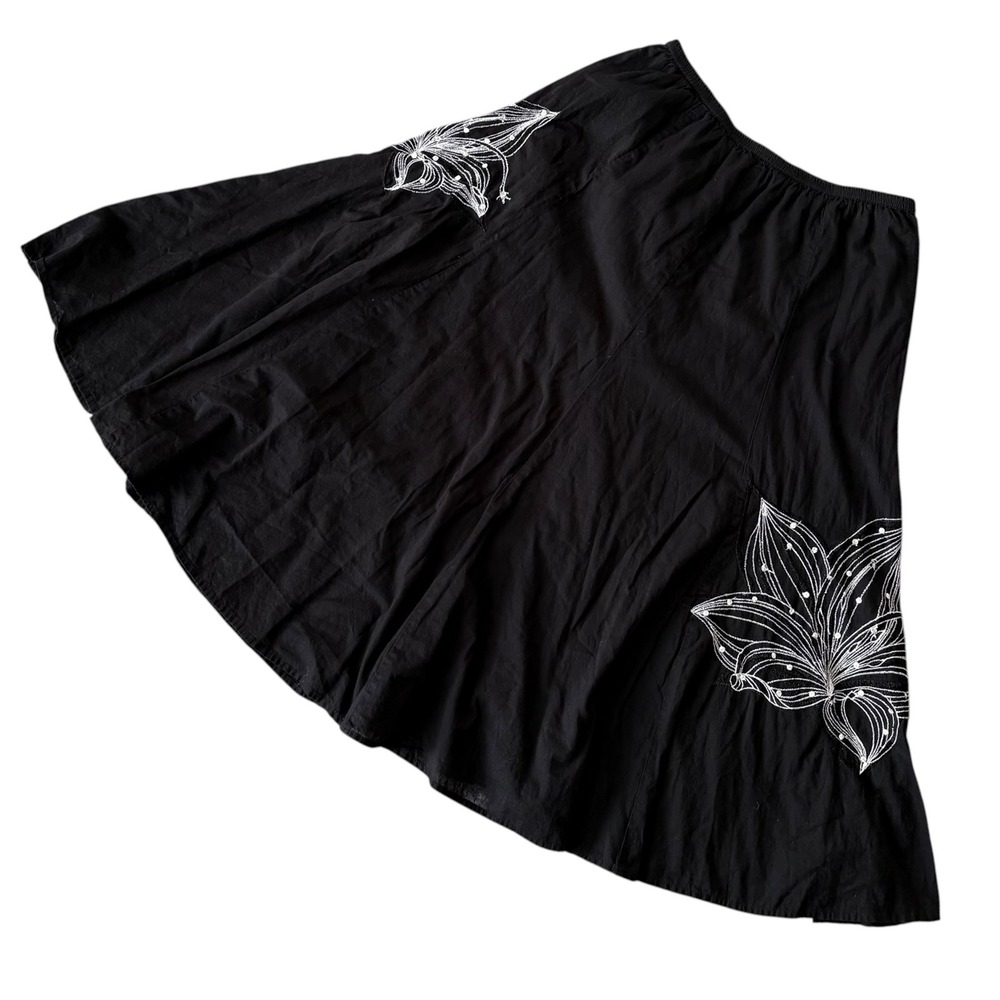 Y2K A-Line Midi Skirt Floral Embroidered Sequin Black PP Whimsigoth Fairy